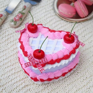 Handmade Vintage Heart Shaped Jewelry Heart Cake Box with Fake Cherries and Pearl Bows Wedding Birthday Special Gift Faux Forever Cake