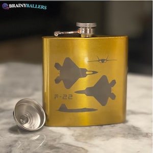 F22 Raptor Gold Laser Engraved Stainless Steel Flask Perfect GIFT for Stealth Fighter Jet Lovers!