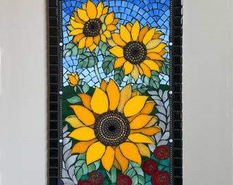 Mosaic Wall Art:  Sunflowers and Roses, Yellow & Orange, Red,Hand Cut Stained Glass Panel