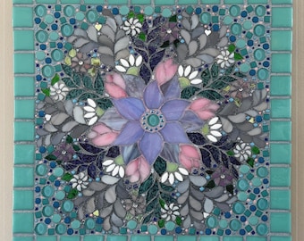 Stained Glass Mosaic Wall Art: Mandala Bouquet, Kaleidoscope of flowers, Aqua, Purple, Pink