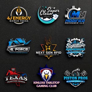 May include: Nine colorful business logos on a dark background. Logos include "4J ENERGY RANCH TEXAS", "Super Clean Service", "Modified Mechanix LLC", "G FORCE PRESSURE WASHING SERVICES", "NEXT GEN RFID", "Signature AUTO SERVICES", "TEXAS TRADITION HOMES", "KINLOSS TABLETOP GAMING CLUB", and "PISTON PROS".