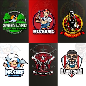 Pode incluir: Uma coleção de seis designs de logotipos coloridos para vários negócios. Os logotipos incluem um serviço de jardinagem, um mecânico, um negócio chamado "Woddtrops", um restaurante "Mr. Chef", um campo de tiro e uma barbearia.