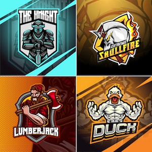 Puede incluir: Cuatro diseños de logotipos de esports. Los logotipos presentan un caballero, una calavera con llamas, un leñador y un pato musculoso. Cada logotipo tiene un esquema de color y texto únicos.