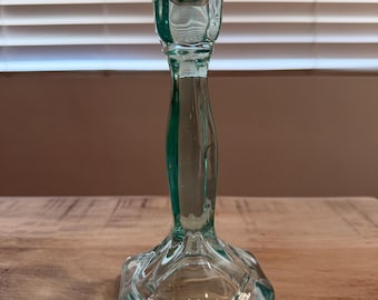 Vintage Pressed Glass Aqua Candlestick 7 1/2in tall