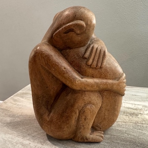 Vintage Hand Carved Wood Sculpture of two people hugging/ embracing 6 1/2” tall x 5” wide