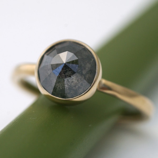 Black Rose Cut Untreated Translucent Diamond Engagement Ring - Modern Handmade Ring in 14k Gold