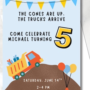 Faire-part d'anniversaire de construction modifiable, invitation à une fête de camion à benne basculante pour les enfants de 5 ans, téléchargement numérique d'anniversaire de garçons, modèle de toile instantanée