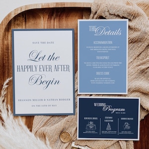 Invitación de boda azul polvoriento Elegante invitación de boda minimalista atemporal Conjunto de boda moderno con código QR Plantilla de boda editable personalizada