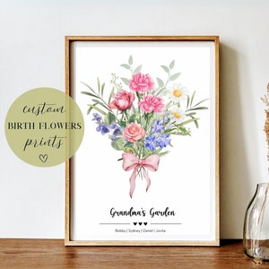 Custom Birth Flower Family Bouquet Print, Birth Month Flower Gift for Mom, Mother&#39;s Gift, Custom Digital Wall Art Print Personalized Gift