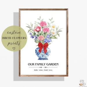 Ramo de flores de acuarela para el mes de nacimiento, familia, impresión de flores de nacimiento personalizada, arte de pared, regalo del Día de la Madre, regalo de Navidad, decoración del hogar