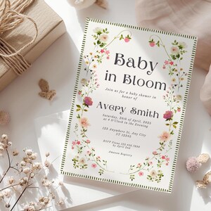 Baby in Bloom Baby shower Invitation set Spring Boho floral Girl Baby shower invite editable template Spring summer bloom digital evite
