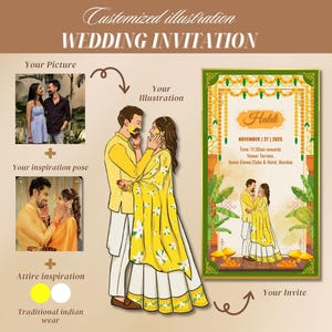 カスタムカップルポートレート結婚式招待状、パーソナライズされたイラスト付き新郎新婦インド結婚式招待状、カスタマイズされた結婚式イベントテンプレート