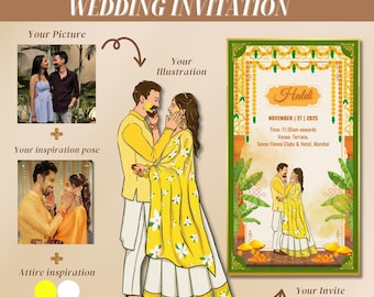 May include: Customized wedding invitation featuring a couple in traditional Indian attire. The design includes a hand-drawn illustration of the couple, inspiration photos, and the wedding details. The invitation is decorated with floral and decorative elements.
