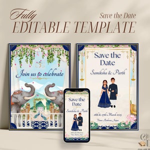 Modelo de vídeo animado para salvar a data do casamento indiano, download digital instantâneo de caricatura indiana, cartão digital totalmente editável para salvar a data