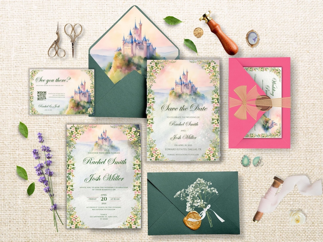 Romantic Castle Core Wedding Invitation Suite Watercolor Castlecore ...