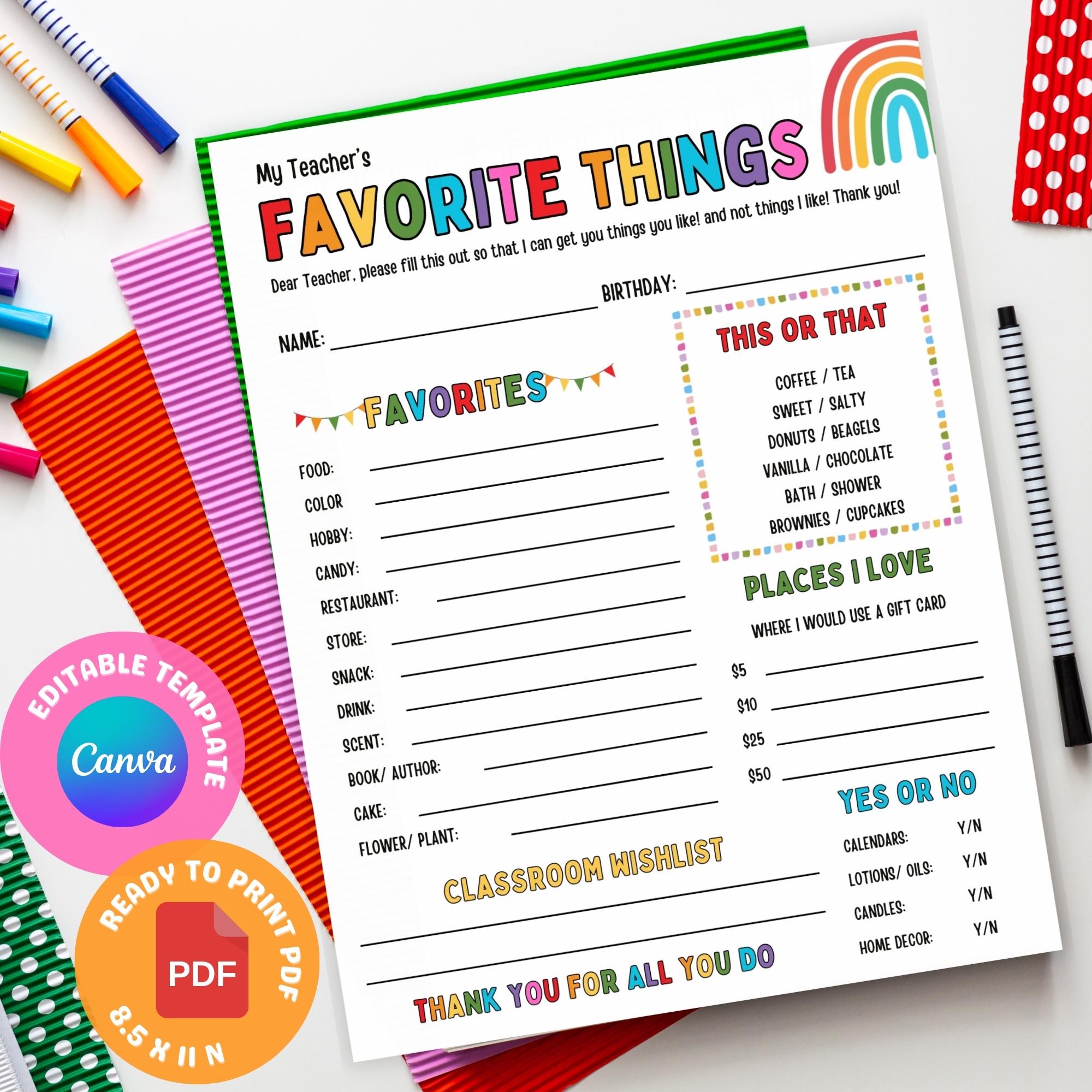Teacher Favorite Things Questionnaire form Printable Teacher Survey Template, Teacher Appreciation, Get To Know Teacher All About My Teacher