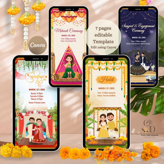 Animated Video invitation Template, DIY Editable Indian Wedding Invitation full event suite, Traditional Hindu Wedding electronic invite set