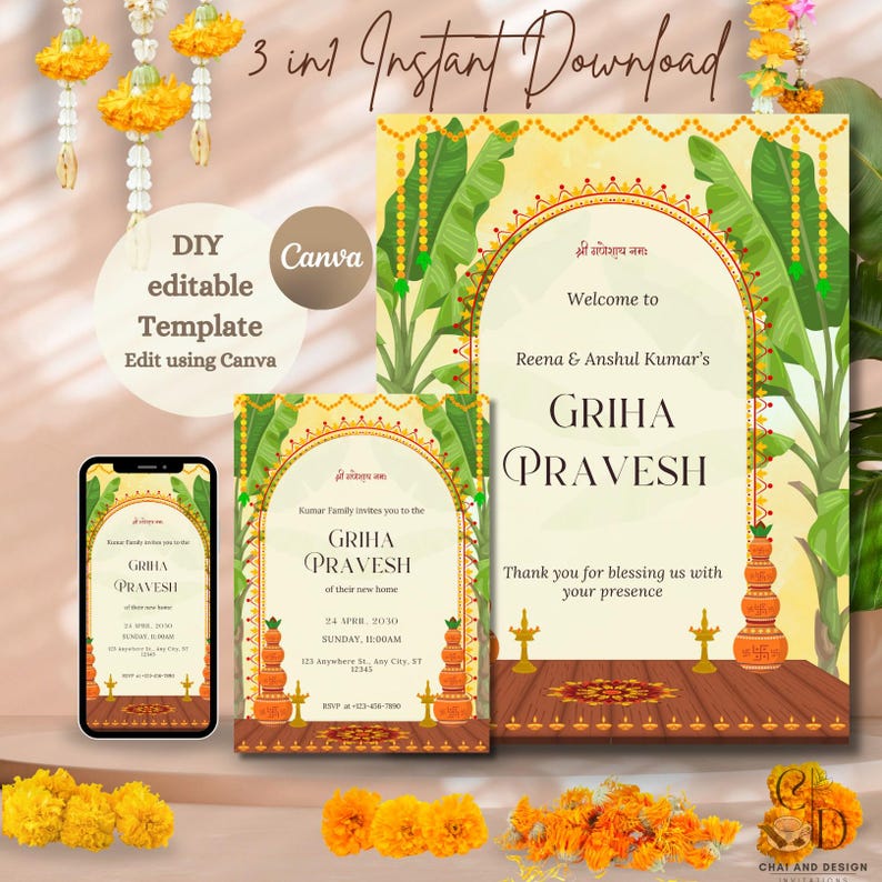 Traditional Griha Pravesh Invitation Template, Welcome Sign, Editable ...
