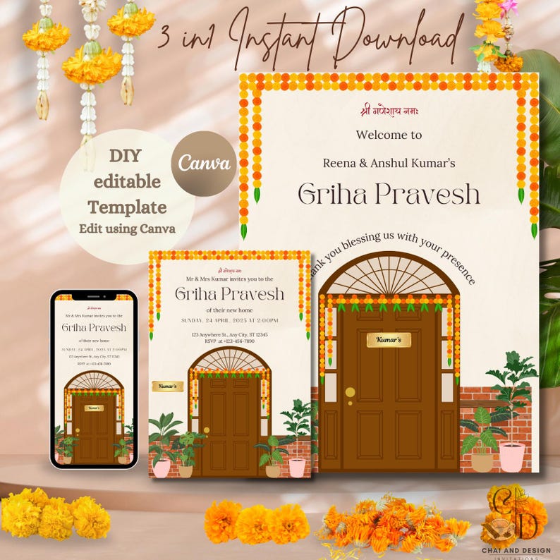 Editable Indian Griha Pravesh Invitation Template Set, Welcome Sign ...
