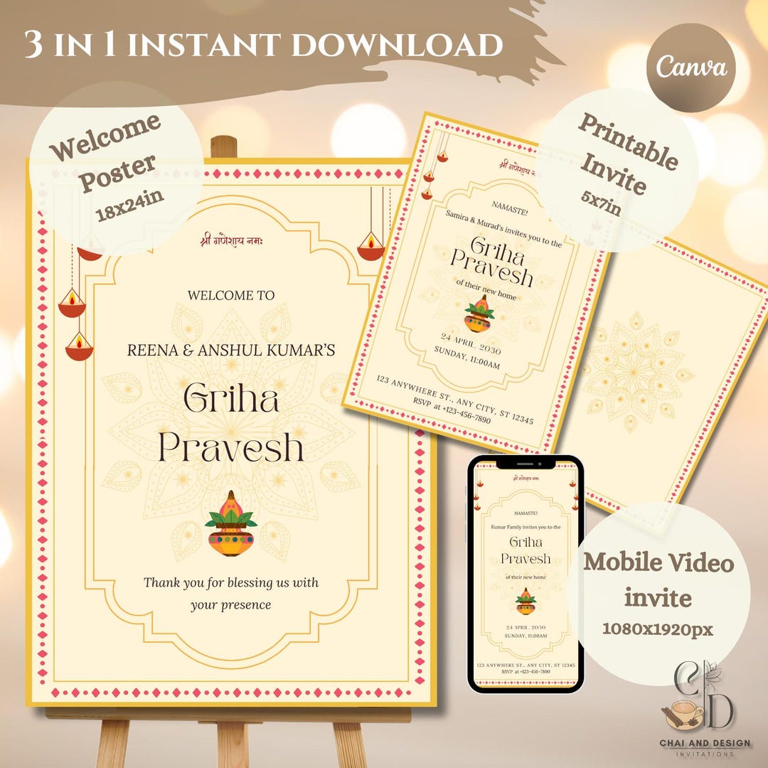 Minimalist Griha Pravesh Invitation Template, Welcome Sign, Editable ...
