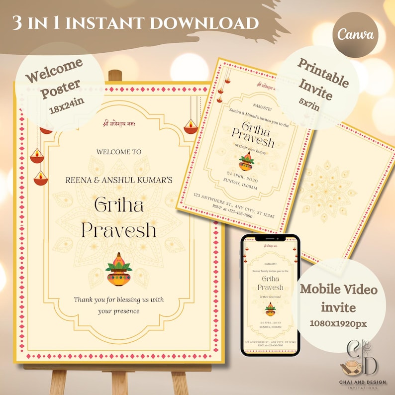 Minimalist Griha Pravesh Invitation Template, Welcome Sign, Editable ...