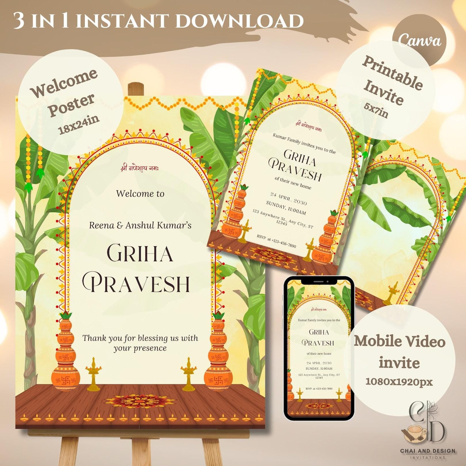 Traditional Griha Pravesh Invitation Template, Welcome Sign, Editable ...