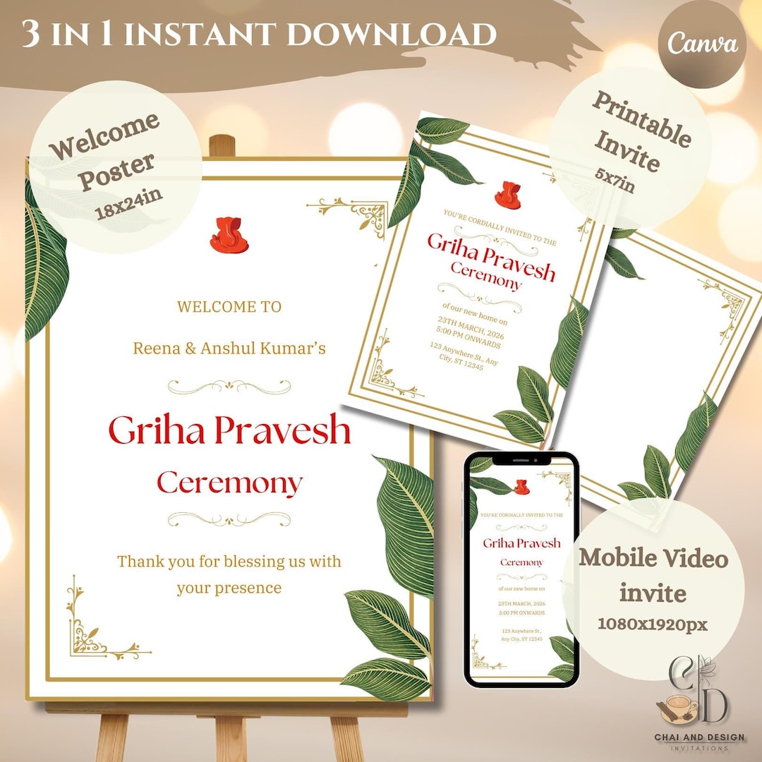 Modern Minimalist Indian Gruhapravesham Invitation Template, Welcome ...