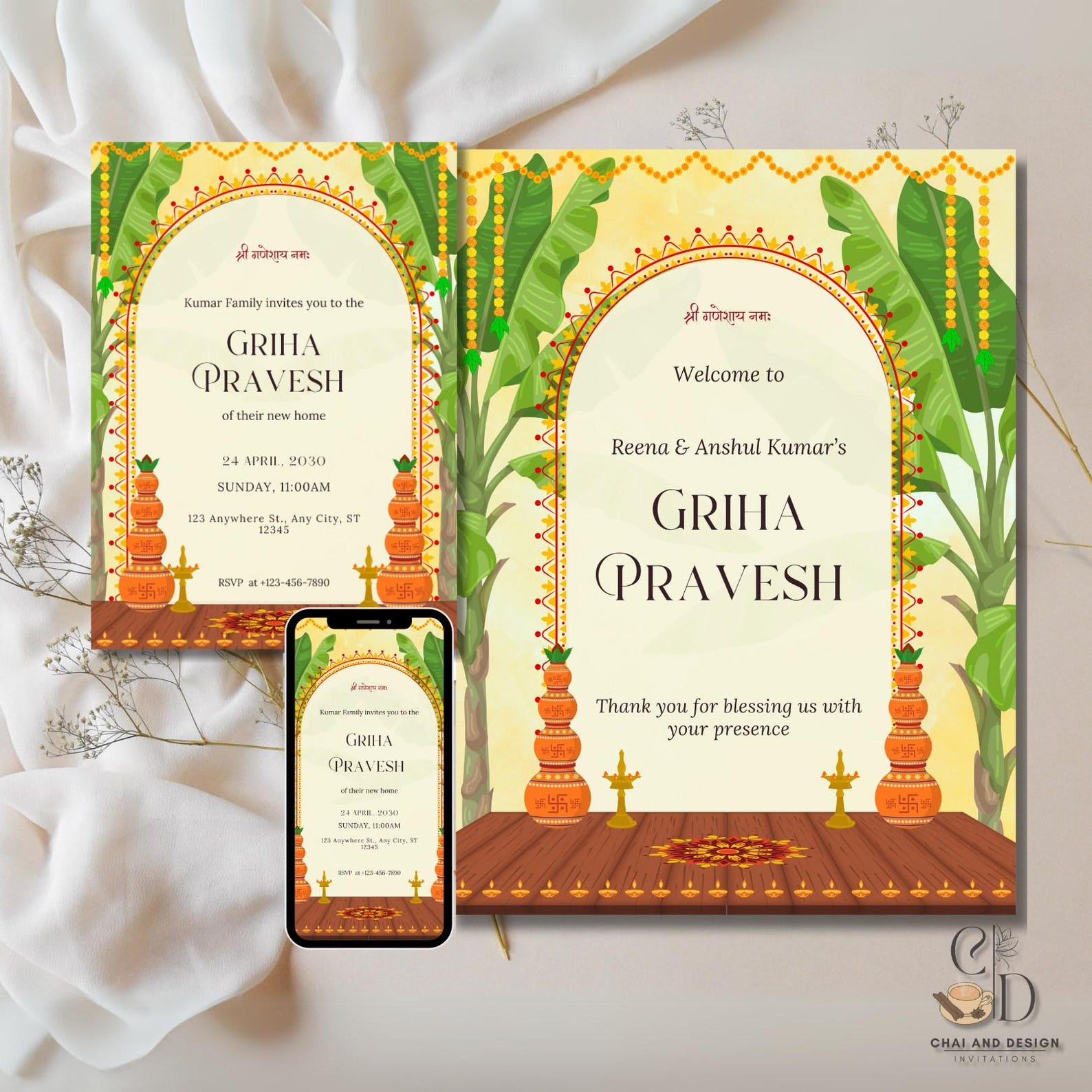 Traditional Griha Pravesh Invitation Template, Welcome Sign, Editable ...