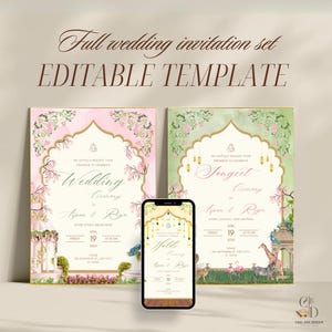 Bunte indische Hochzeitseinladung volles Ereignisset Pastell, Pfau Blumen, Dschungel Thema einladen, digitaler Download druckbare, bearbeitbare Vorlage
