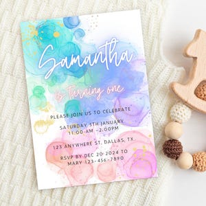 Colorful Rainbow Girl birthday invitation Custom printable invite for kids birthday party editable Canva template Pastel invitation birthday
