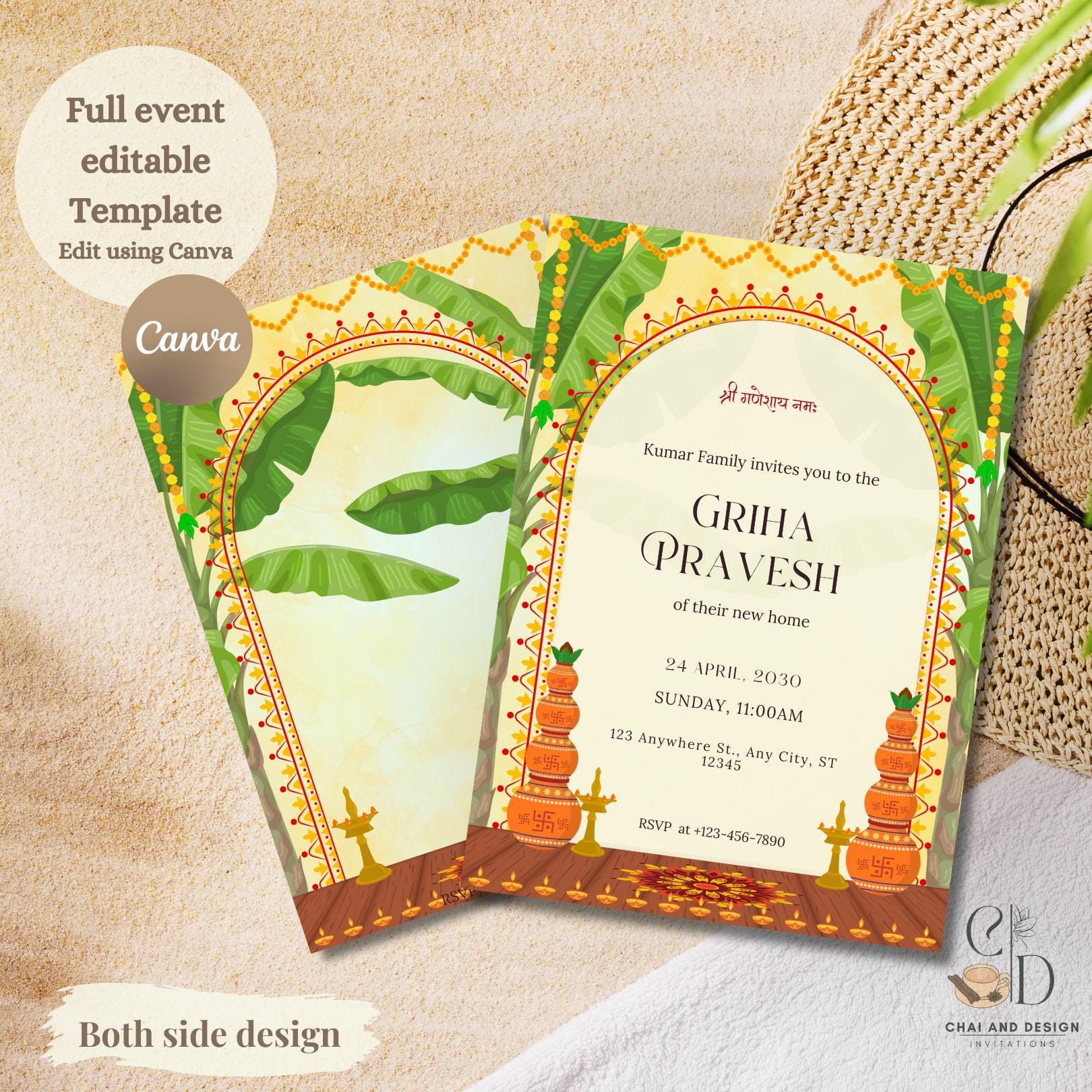 Traditional Griha Pravesh Invitation Template, Welcome Sign, Editable ...