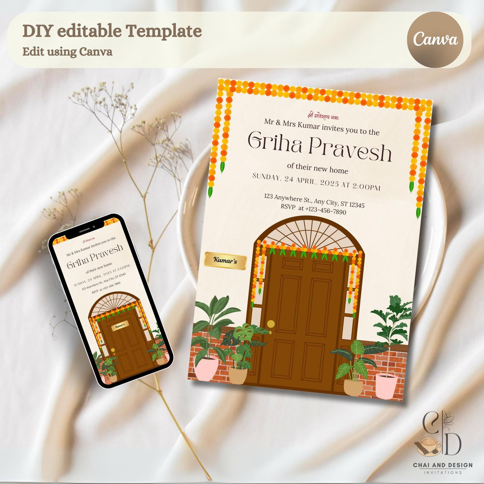 Editable Indian Griha Pravesh Invitation Template Set, Welcome Sign ...