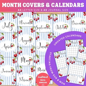 Zestaw dziennika Miesięczne strony tytułowe, Letnie czereśnie DO DRUKU Niedatowane strony kalendarza Bullet Journal, WSTĘPNIE KOLOROWANE strony Bujo Printable Planner