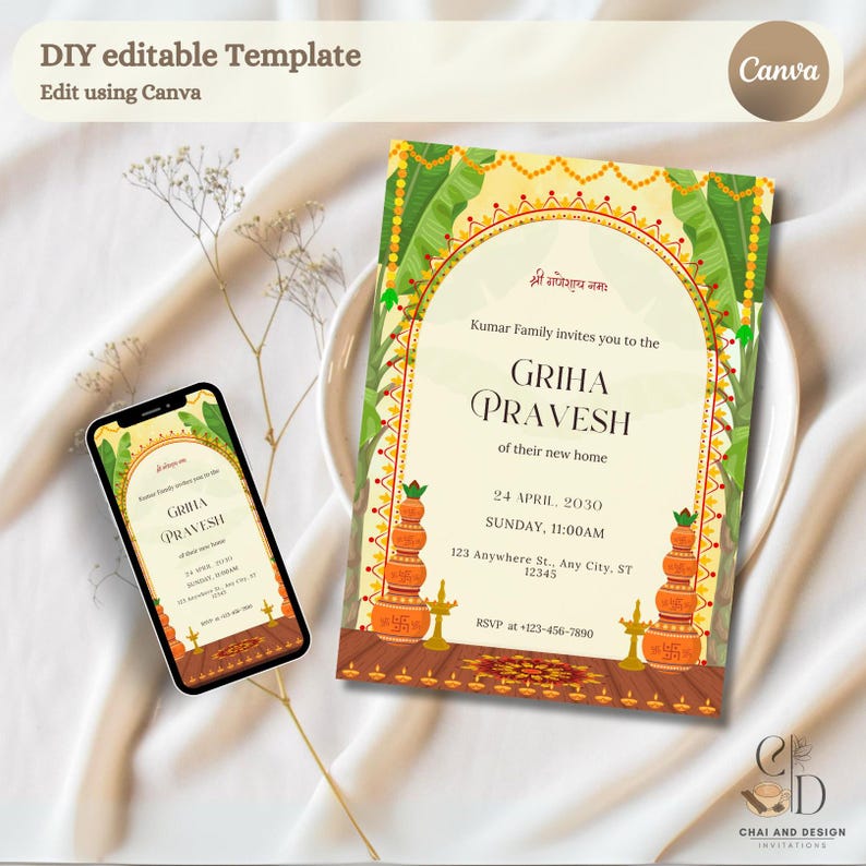 Traditional Griha Pravesh Invitation Template, Welcome Sign, Editable ...