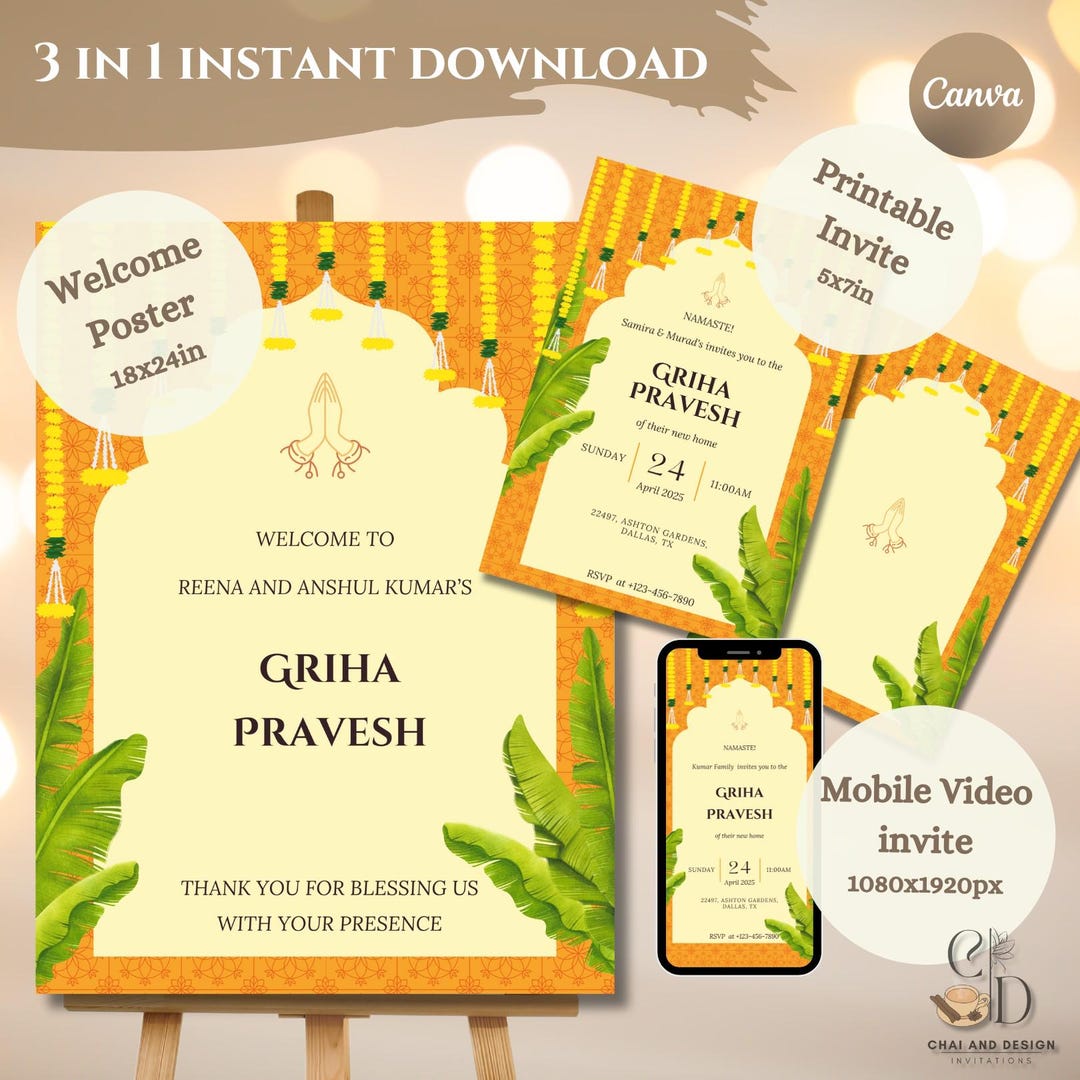 Griha Pravesh Invitation Template, Welcome Sign, Editable Gruha ...