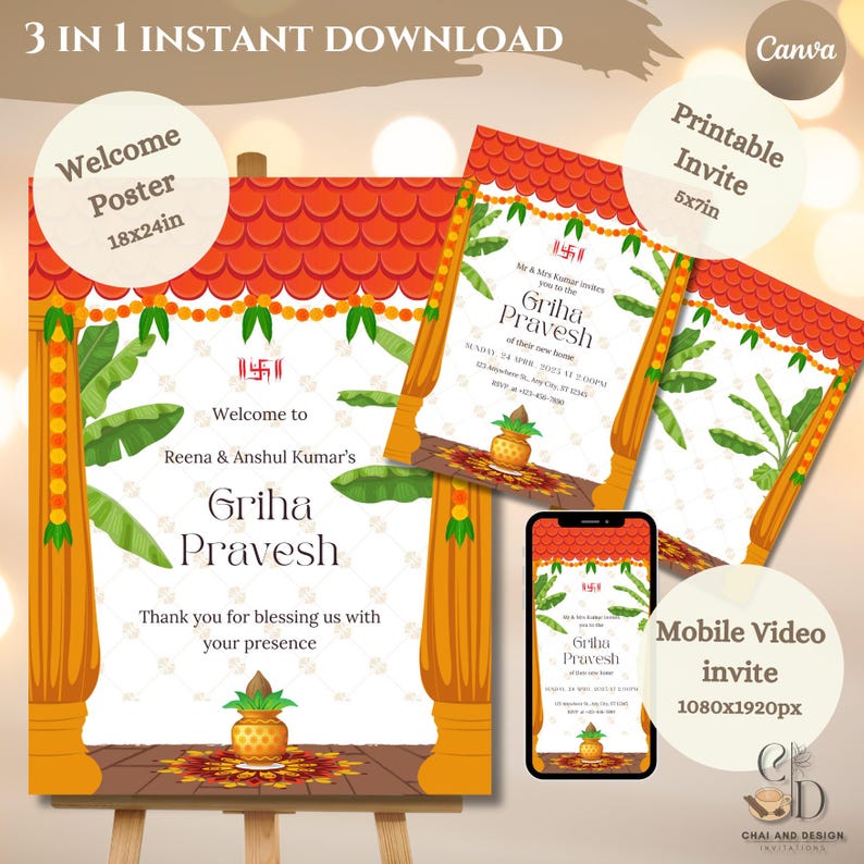 Editable Indian Griha Pravesh Invitation Template Set, Welcome Sign ...