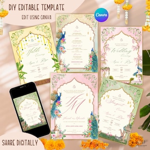 Weiche Pastell indische Hochzeit Einladungsset, Ereignisprogramm Detail Bundle, bunte Vögel und Tierblumen einladen, sofort bearbeitbare Vorlage