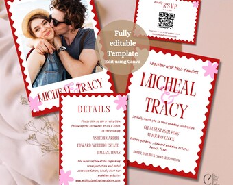 Editable Retro wedding Invitation Template, Double sided photo invitation full set, wavy border Invite, QR Code RSVP, fun whimsical wedding
