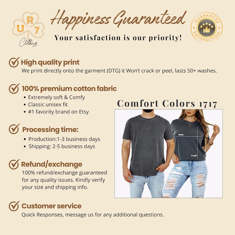 May include: Promotional image for a clothing brand, featuring the text "Happiness Guaranteed." It details high-quality print, 100% premium cotton fabric, and a classic unisex fit. The image also shows a man and woman wearing gray t-shirts.