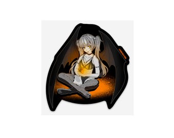 May include: A sticker featuring an anime-style character with silver hair and yellow eyes, wearing a black outfit and fishnet stockings. The character has black bat wings and is sitting on an orange and black background.