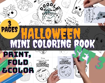 May include: A Halloween mini coloring book set with three pages. The cover features the text "Happy Halloween" and illustrations of bats, pumpkins, and ghosts. The image also includes colored pencils and the words "Print, Fold & Color."