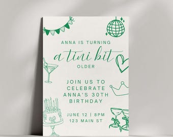 Tini Bit Older Birthday Invitation, Dirty Thirty Invite, 30th Birthday Invitation, Martini Invite, Tini Bit Older Party, Canva Template