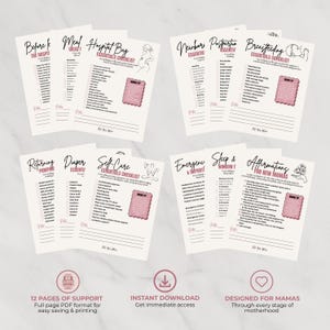 May include: A set of twelve printable checklists for new parents, featuring categories like Hospital Bag, Breastfeeding, Self-Care, and Affirmations. Each page includes checkboxes, bulleted lists, and pink text boxes labelled Mama Tip.