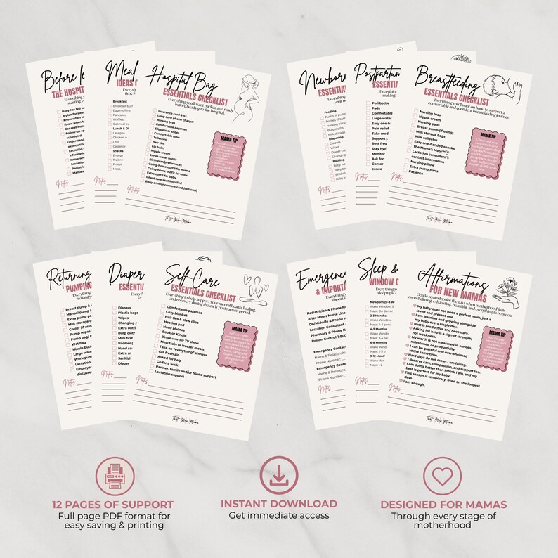 May include: A set of twelve printable checklists for new parents, featuring categories like Hospital Bag, Breastfeeding, Self-Care, and Affirmations. Each page includes checkboxes, bulleted lists, and pink text boxes labelled Mama Tip.