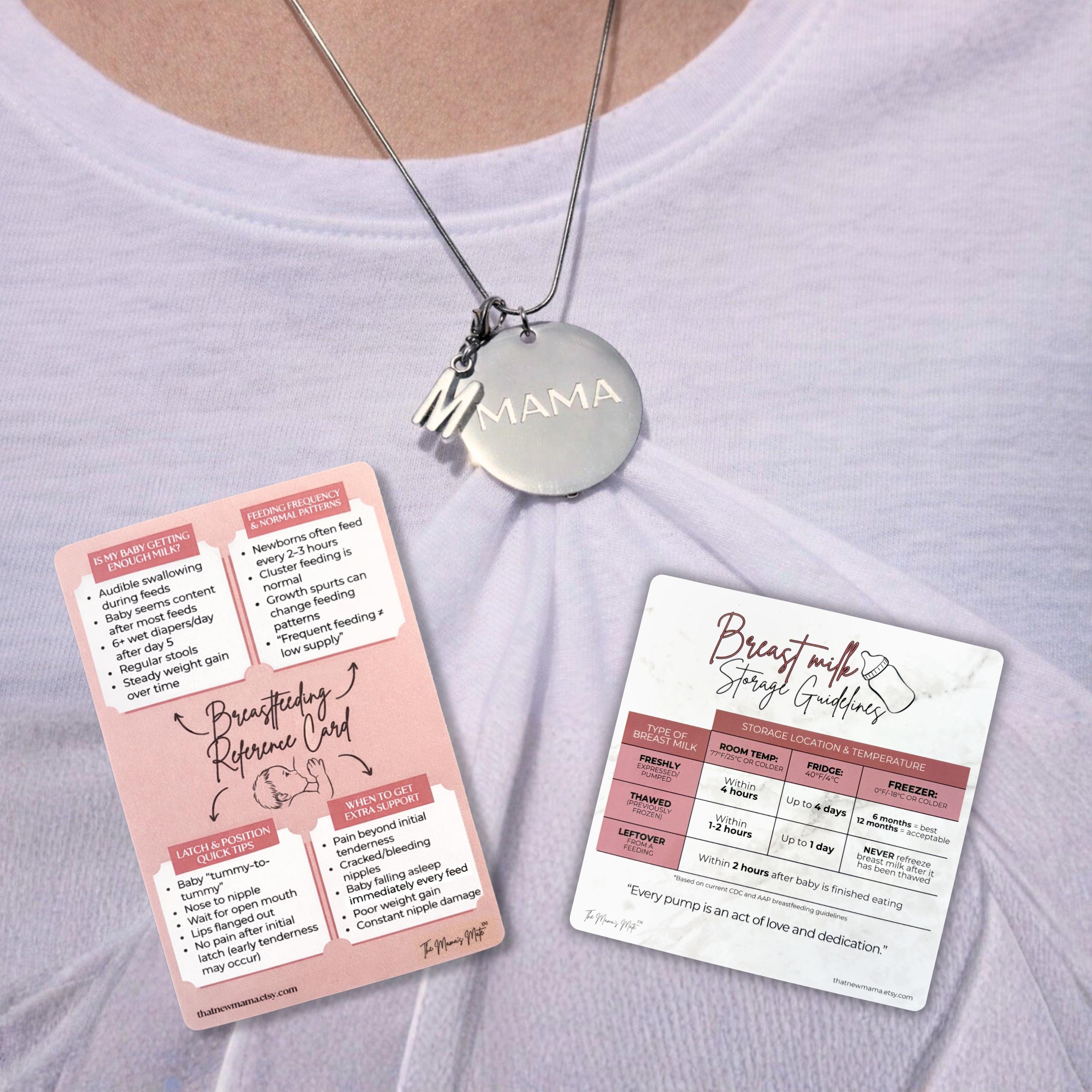 Breastfeeding Essentials Bundle Nursing Necklace Shirt Clip, Breastmilk Storage Magnet, Feeding Reference Card New Mom Baby Shower Gift