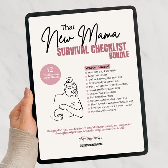 Digital New Mom Survival Checklist Bundle | Postpartum, Breastfeeding, Newborn Essentials & Diaper Bag Cheat Sheet | Printable PDF Download