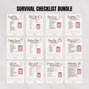 May include: A digital survival checklist bundle for new parents featuring twelve white pages with black text and pink accent boxes. Titles include Hospital Bag, Meal Prep, Before Leaving, Breastfeeding, Postpartum Recovery, Newborn Baby, Diaper Bag, Returning to Work, Self-Care, Sleep and Wake, Emergency Contact, and Affirmations.