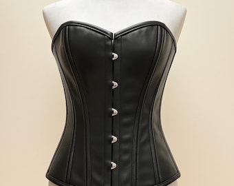 Black Faux Leather Overbust Corset – Steel Boned Waist Trainer Bustier | Gothic Cosplay Corset | Sizes 24–32