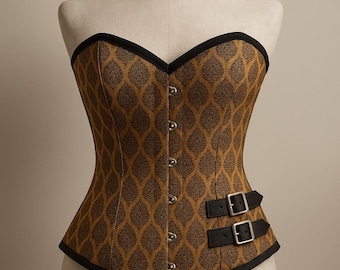 Golden Brocade Overbust Steel Boned Corset with Side Buckles – Size 26 Inch