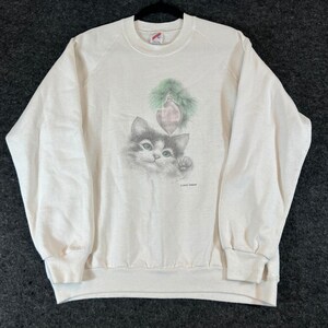 Vintage 90s Christmas Kitten Sweatshirt Mens XL Jonahs Workshop USA White